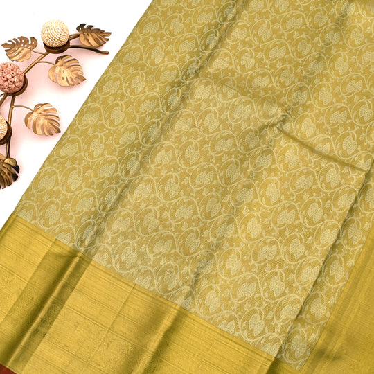 GOLD AND SILVER ZARI KANCHIPURAM SILK SAREE WITH CREEPER DESIGN