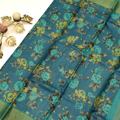 Blue Tussar Silk Saree with floral printed