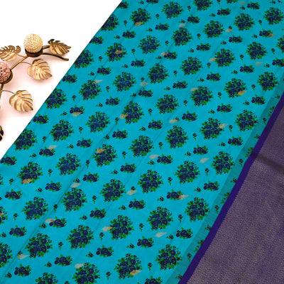 Blue Printed Kanchipuram Silk Saree with Floral Printed Design