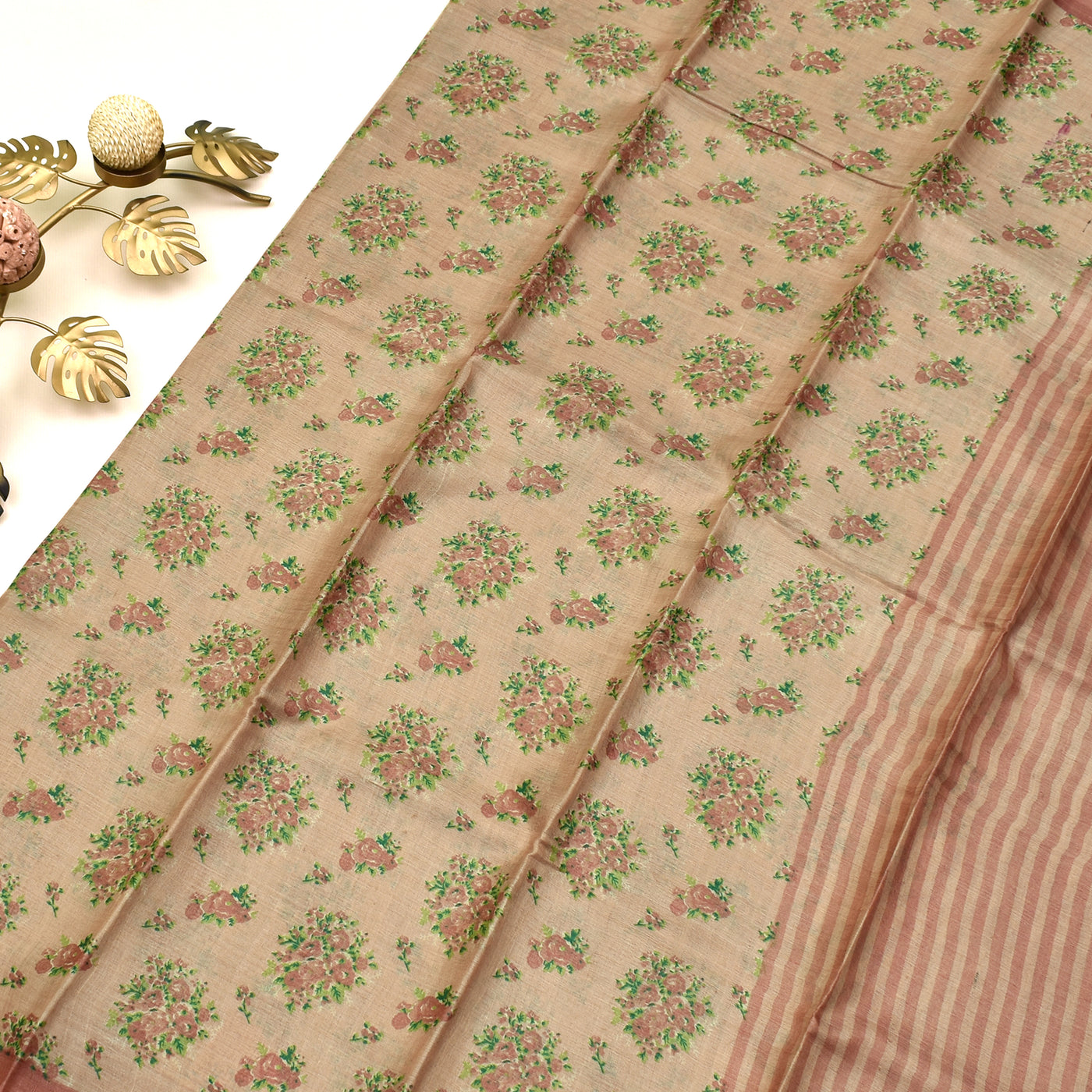 Onion Pink Tussar Silk Saree with Floral Printed Design