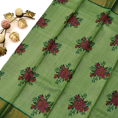 Apple Green Tussar Silk Saree with Flower Printed Design