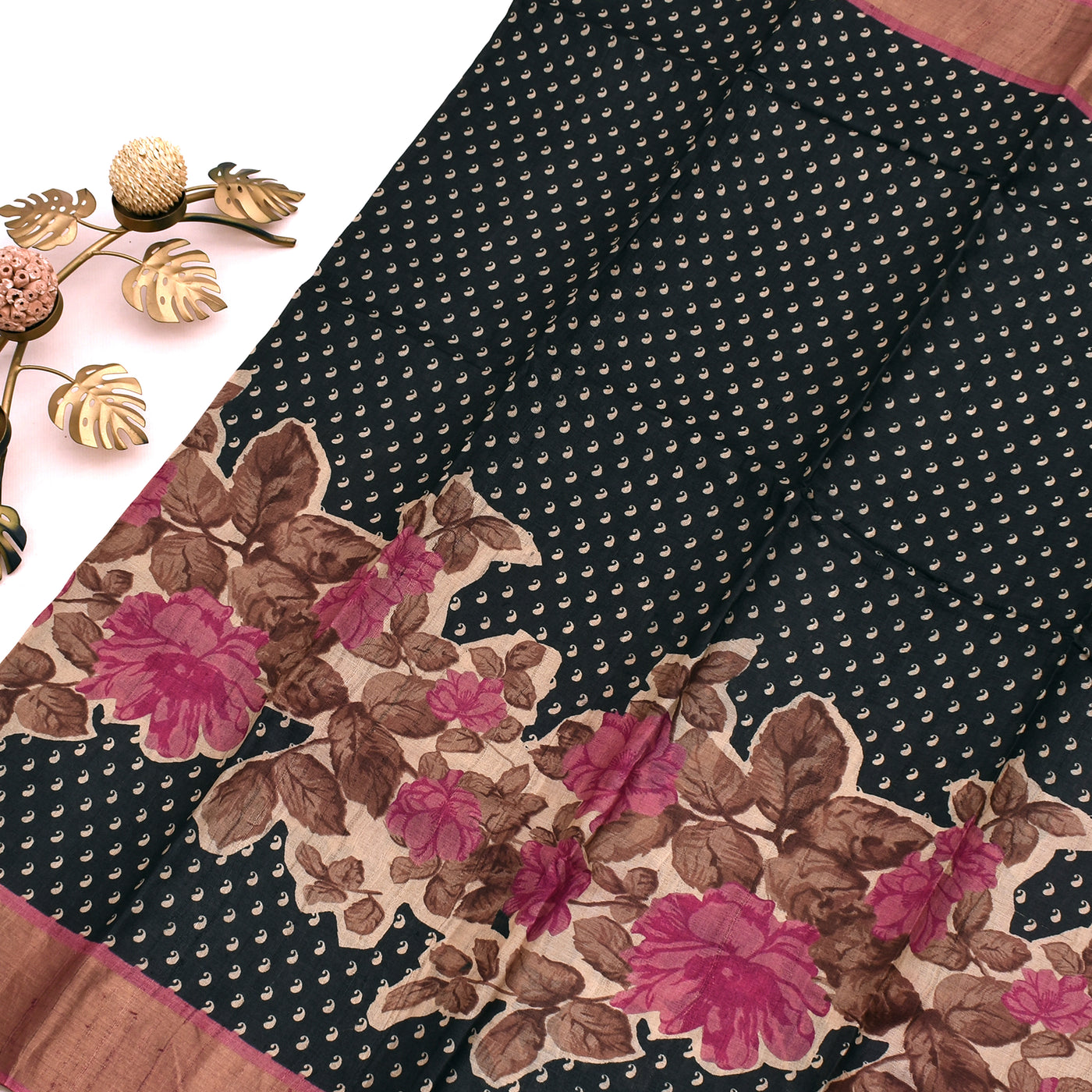 Black Tussar Silk Saree with Small Mango Printed Design