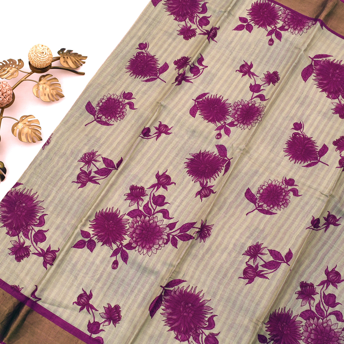 Off White Tussar Silk Saree with Lotus Printed Design