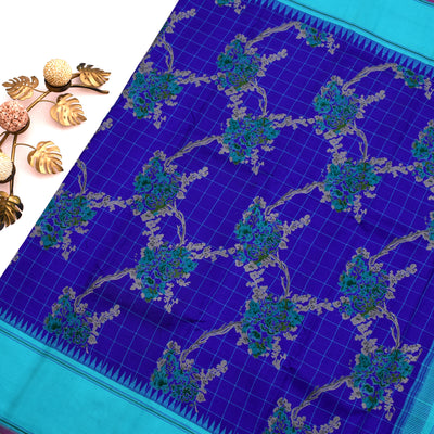 MS Blue Printed Kanchi Silk Saree with Floral Kattam Design