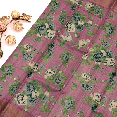 Lotus Pink Tussar Silk Saree with Floral Printed Design