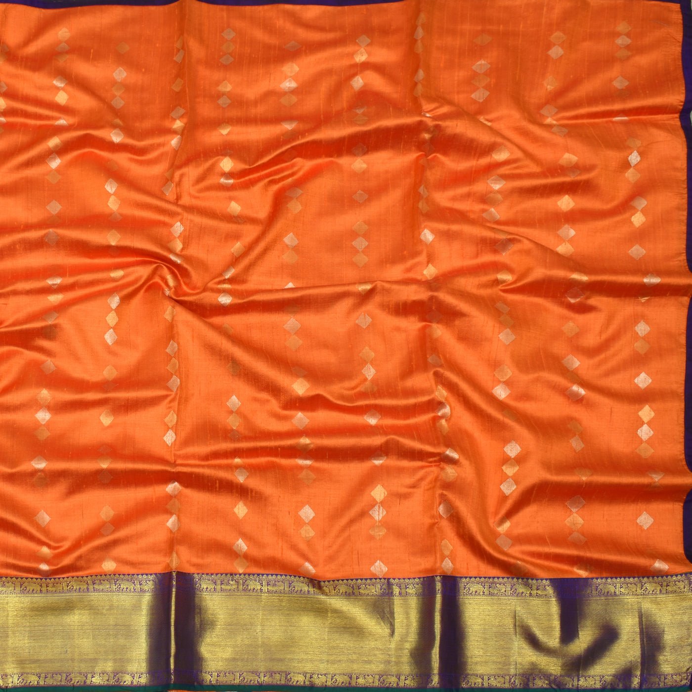 Orange Woven Tussar Silk Saree with Purple Kanchi Silk Border