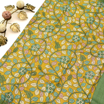 Mustard Tussar Silk Saree with kalamkari print design