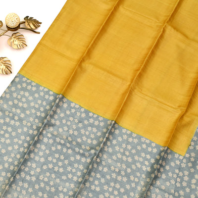 Yellow Tussar Printed Saree with plain body