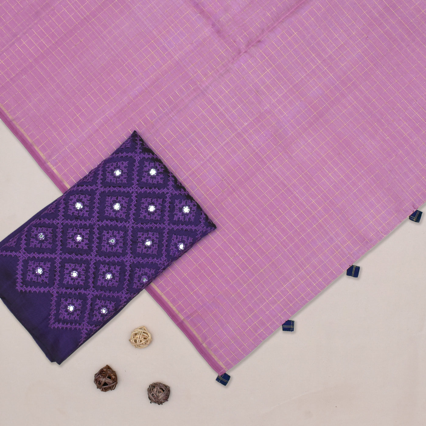 Lilac Kanchi Silk Saree with Kanchi Silk Tassels and Violet Kutch work Embroidery Blouse