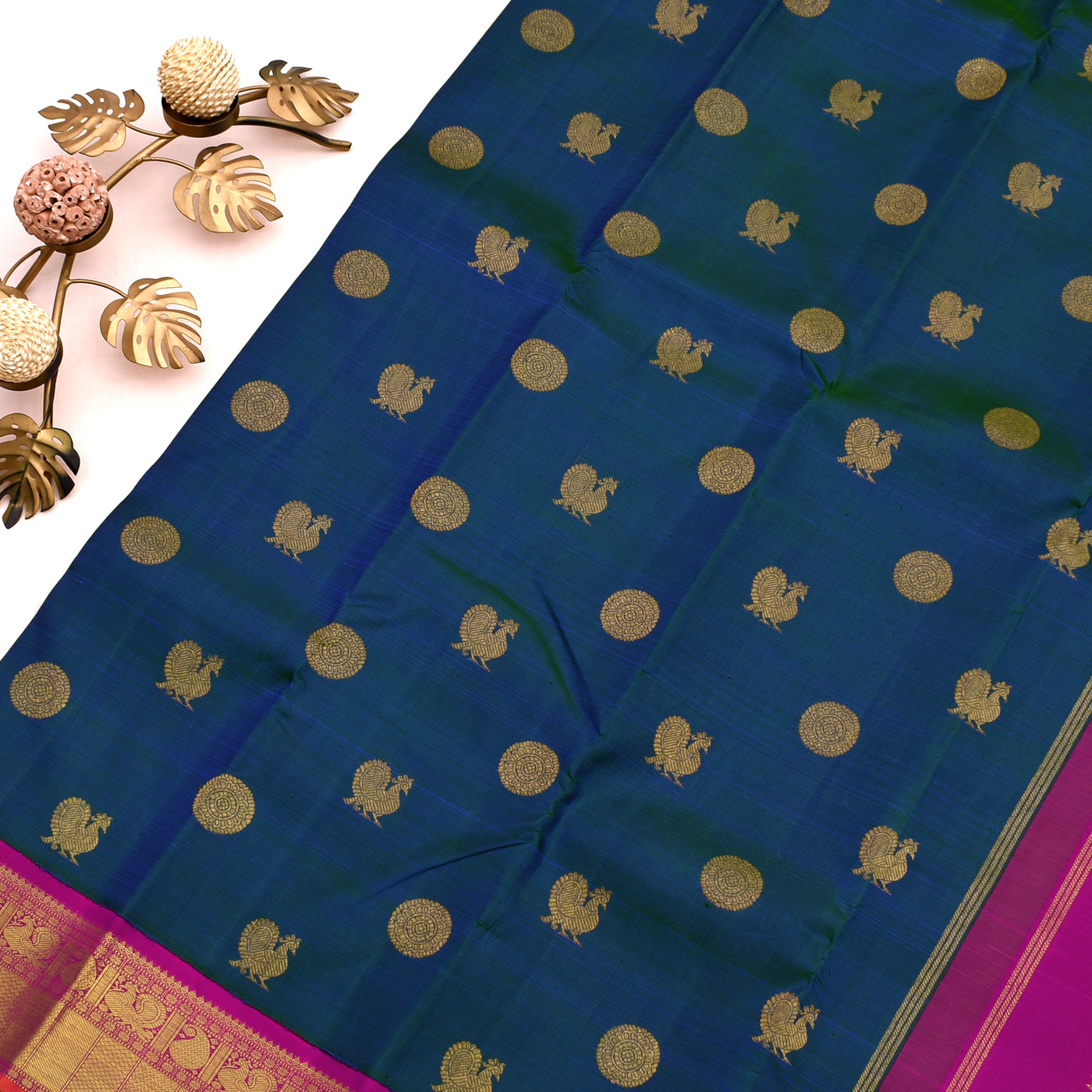 Peacock Blue Kanchipuram Silk Saree with Annam Chakaram Design
