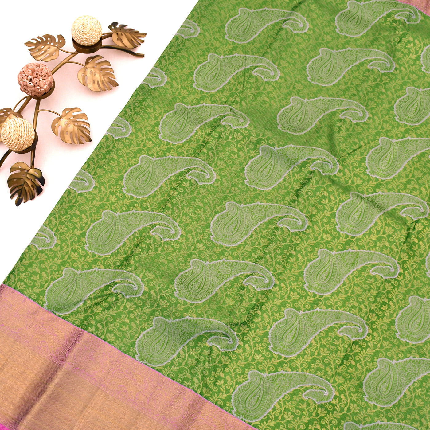 Mehandi Green Kanchipuram Silk Saree with Creeper Design