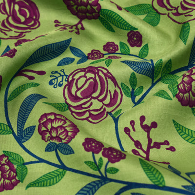 Apple Green Kanchi Discharge Printed Silk Fabric with Floral Print Design
