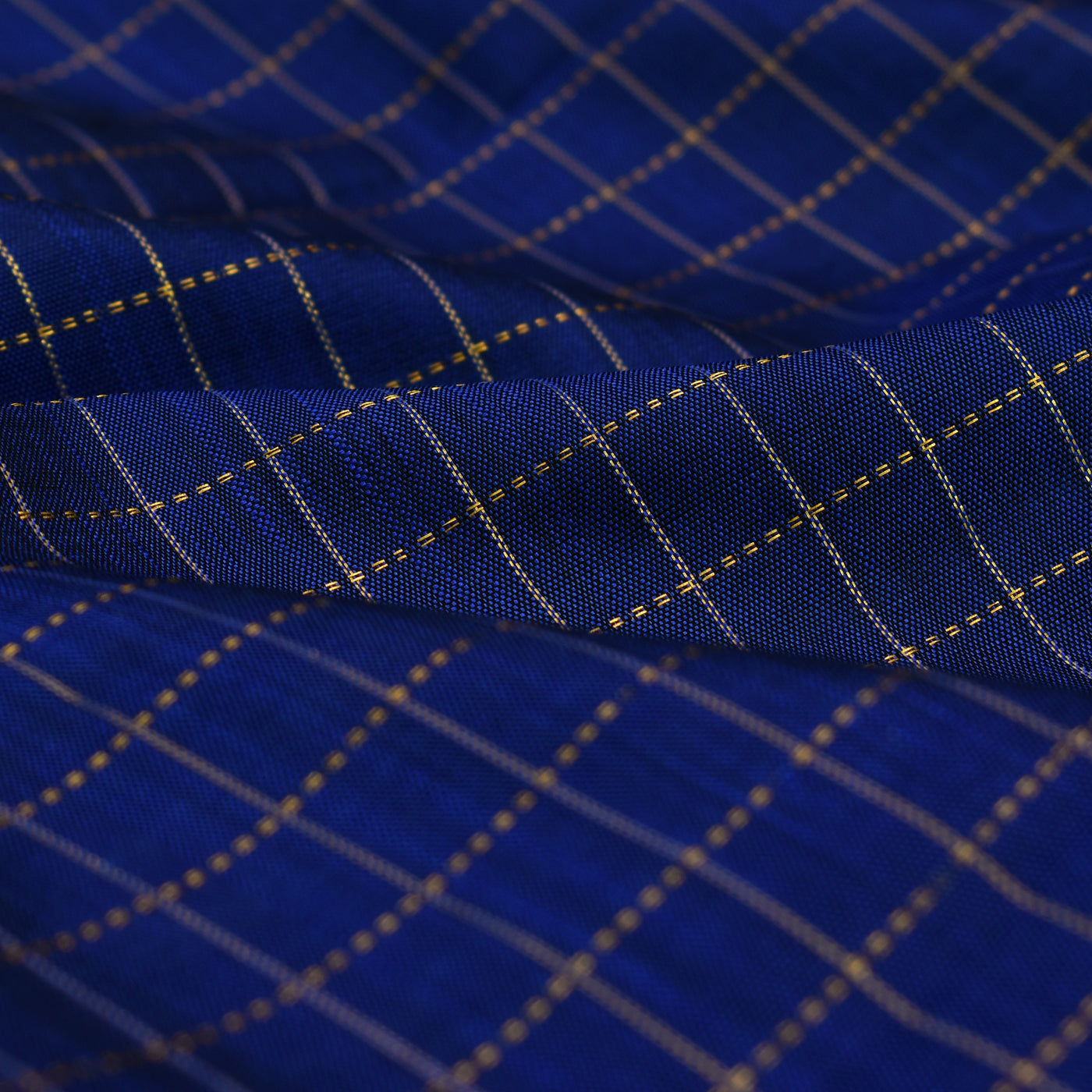 MS Blue Kanchi Silk Fabric with Small Muthu Zari Checks Design