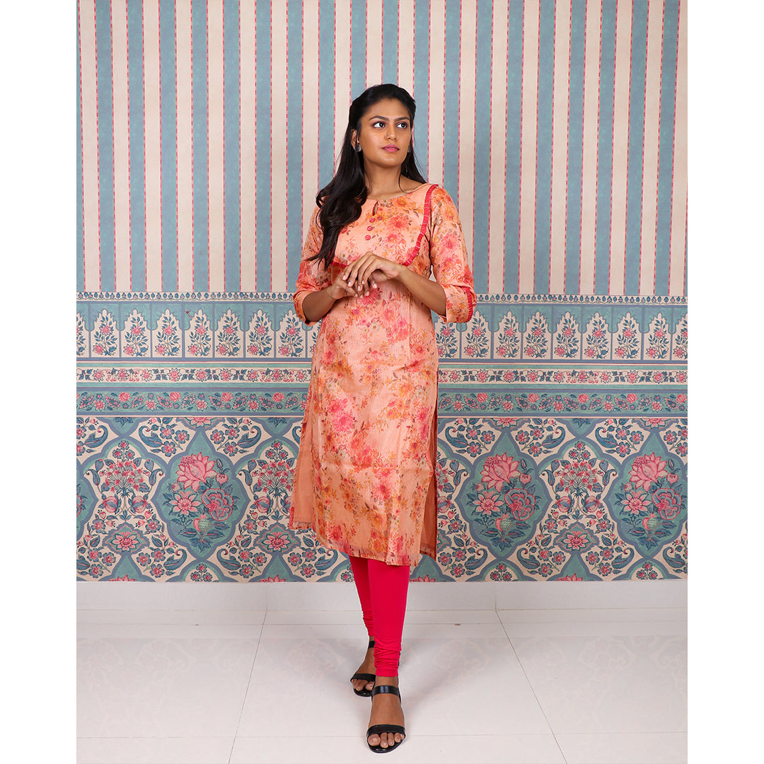 Orange Maheshwari Silk Kurti with Floral Design