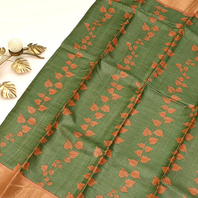 Green Tussar Silk Saree with Leaf Creeper Design