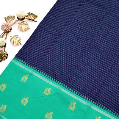 Navy Blue Kanchipuram Silk Saree with Small Thread Checks Design