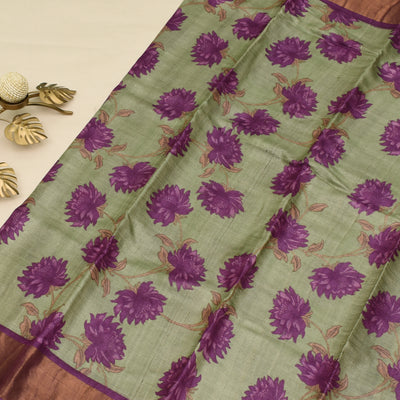green tussar silk saree with floral design