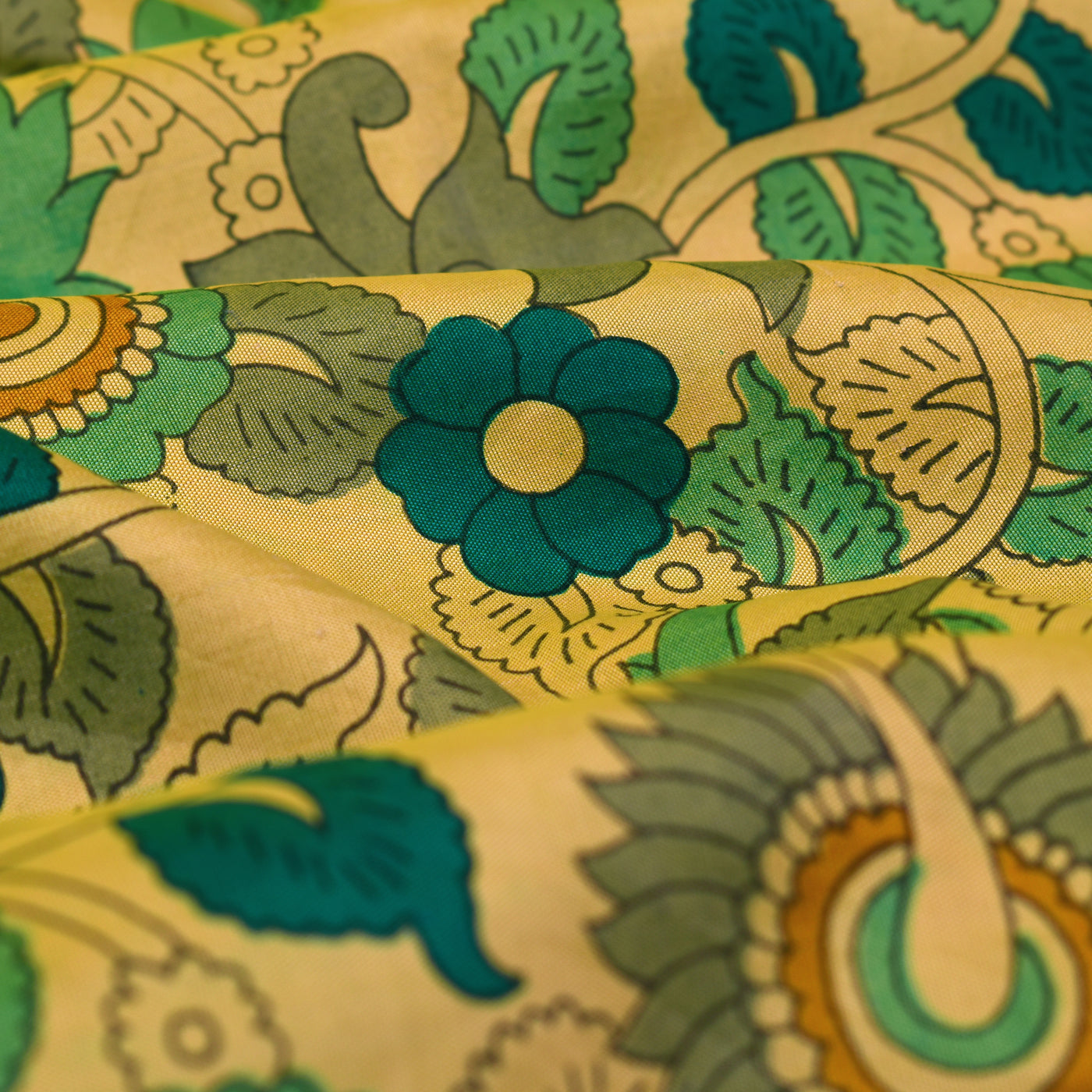 Sandal Kanchi Discharge Printed Silk Fabric with Kalamkari Print Design
