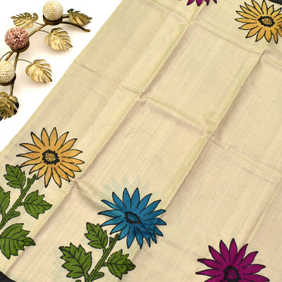 Off White Tussar Silk Saree with sunflower print