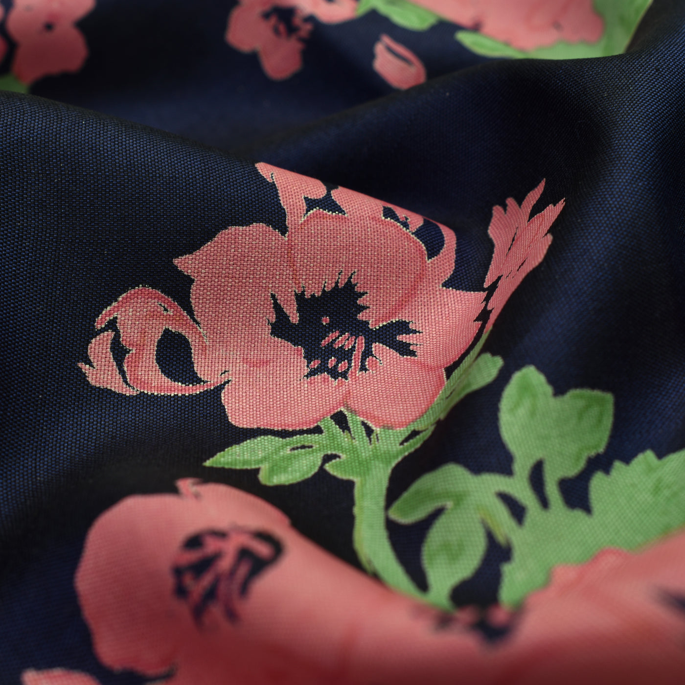 Navy Blue Kanchi Silk Printed Fabric with Flower Printed Design