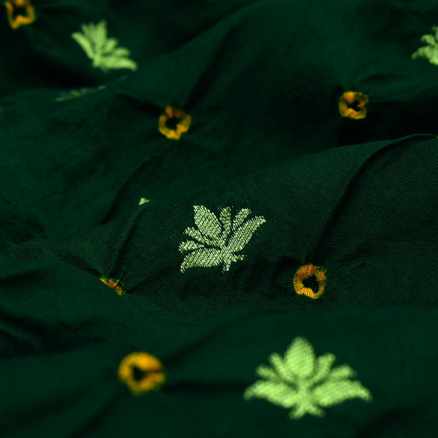 Dark Green Bandhani Silk Fabric with Small Zari Butta Design