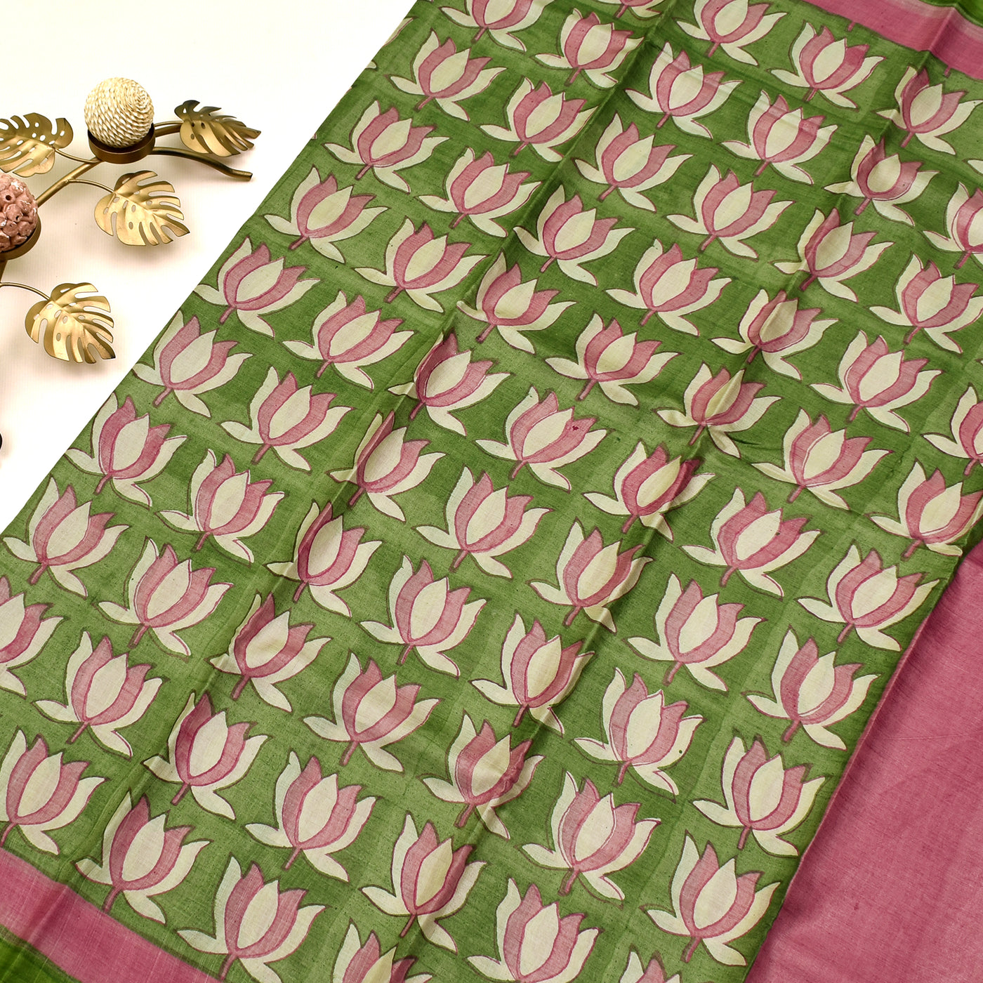 Mehanthi Green Tussar Silk Saree with lotus design