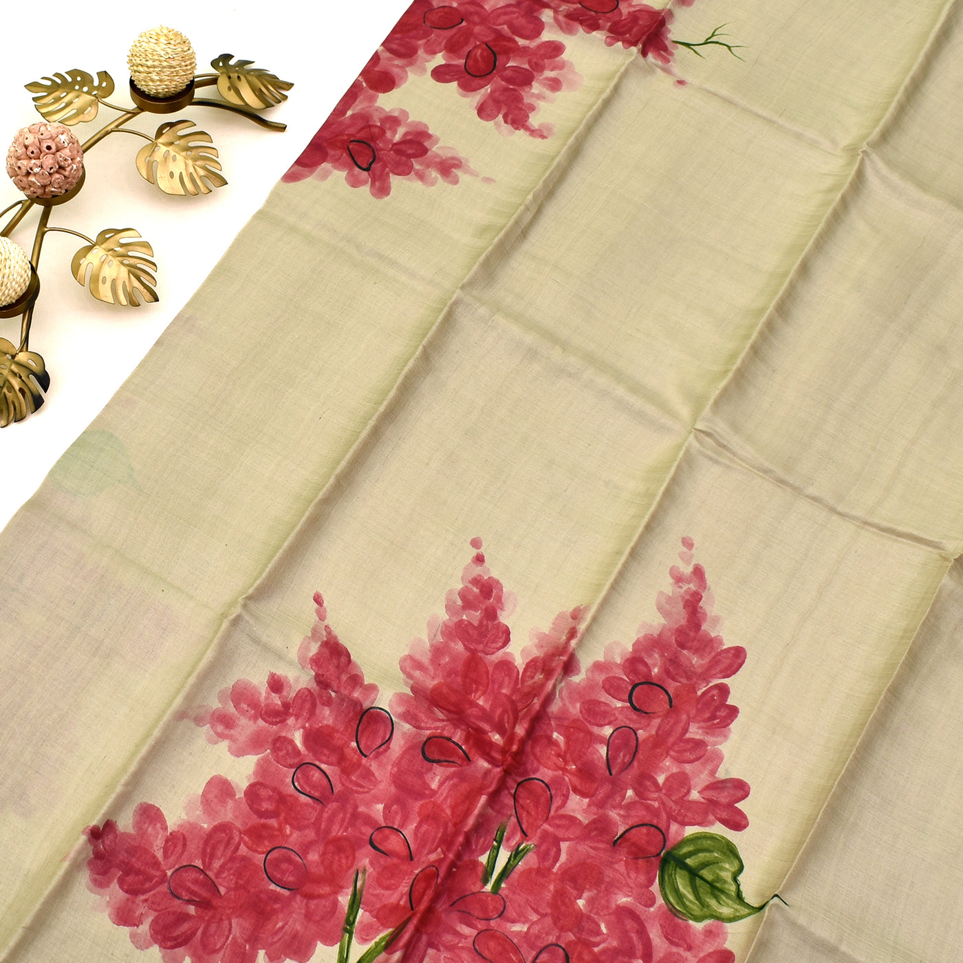 Off White Tussar Silk Saree with Flower Paint Design