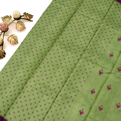 Apple Green Tussar Silk Saree with Plain Blouse