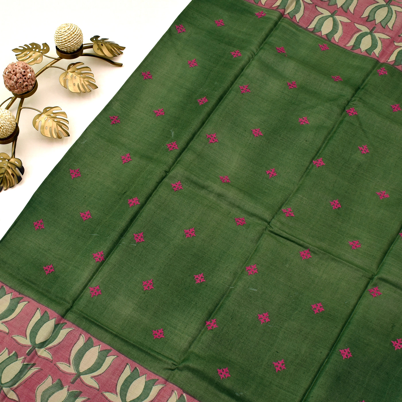 Mehanthi Green Tussar Silk Saree with kutch work design