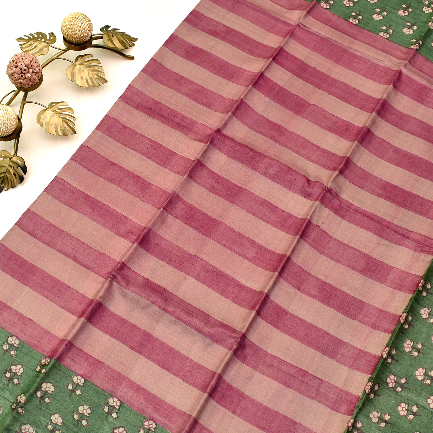 Onion Pink Tussar Silk Saree with stripes design