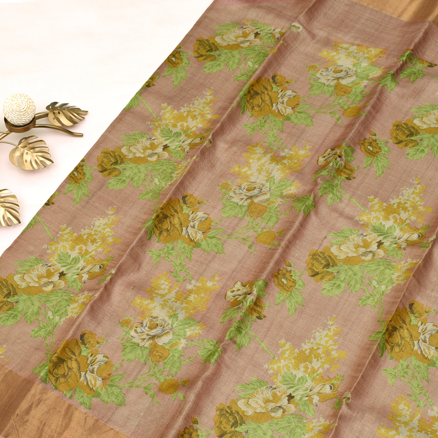 Onion Pink Tussar Silk Saree with Floral Print Design