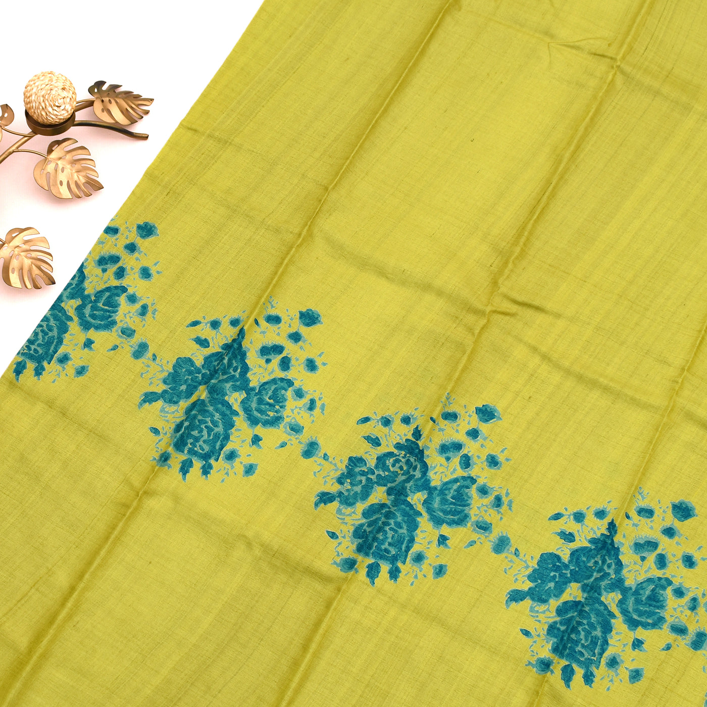 Neon Yellow Tussar Silk Saree with Floral Printed Design