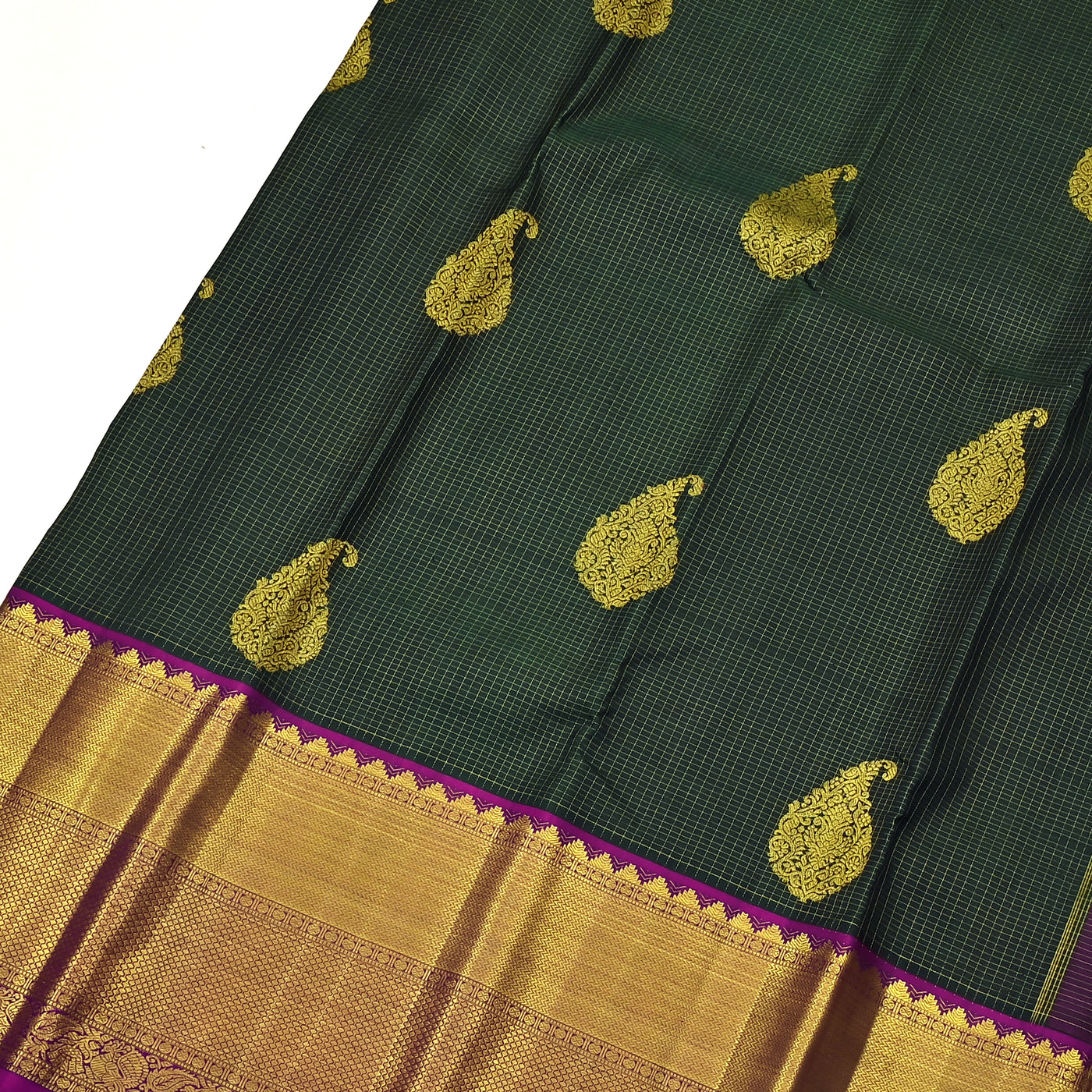 Bottle Green Kanchipuram Silk Saree with Small Kattam Design