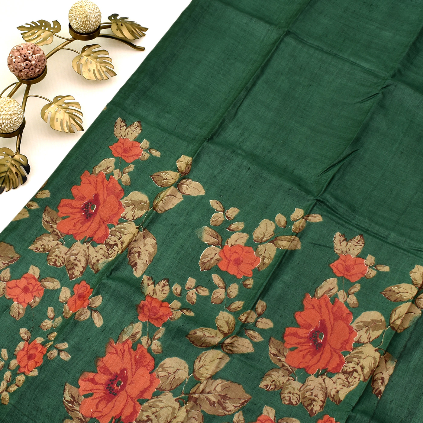 Dark Green Tussar Silk Saree with floral design