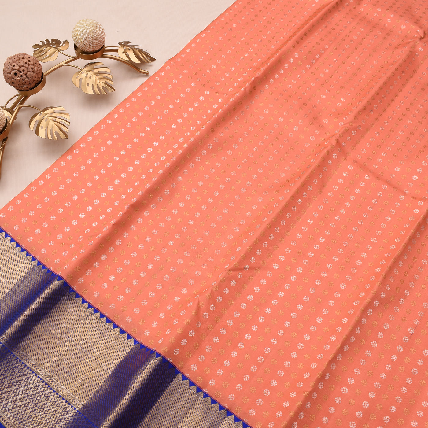 Anya Online  coral-pink-kanchi-silk-saree-with-ms-blue-blouse