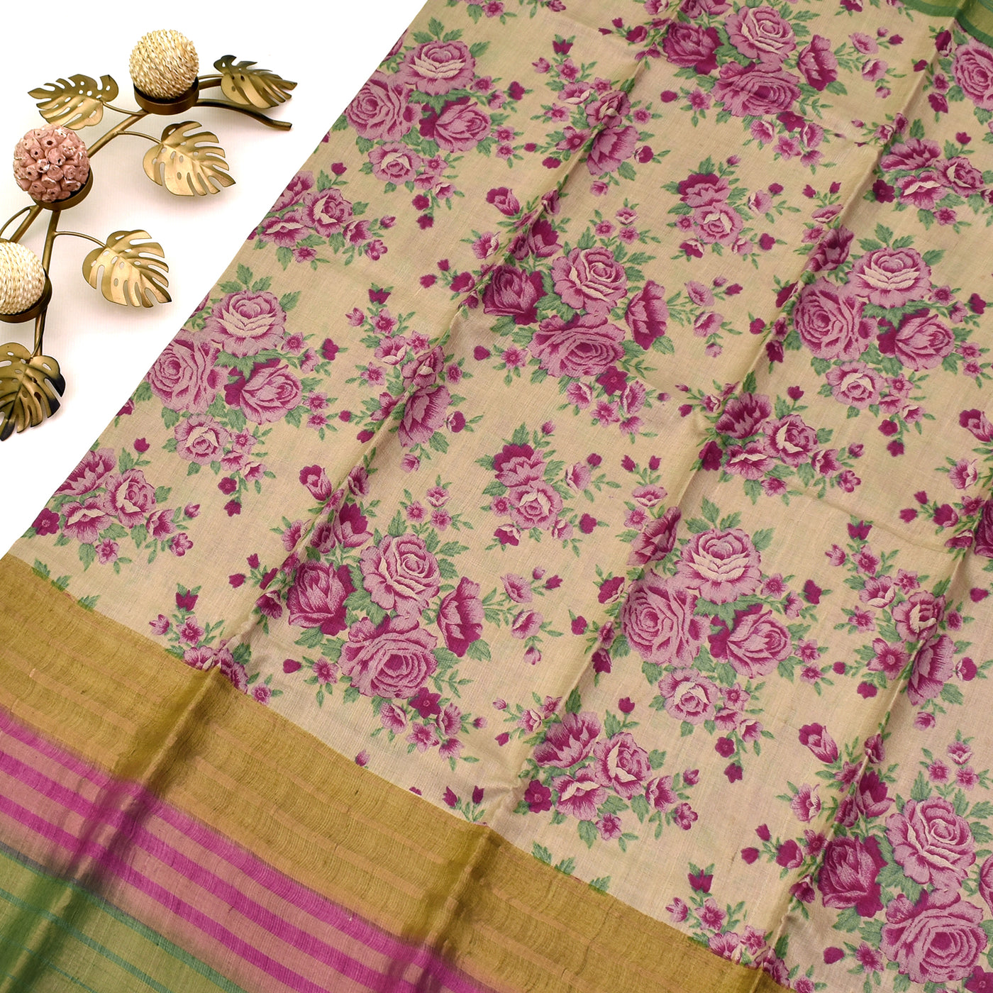 Off White Tussar Silk Saree with floral printed design