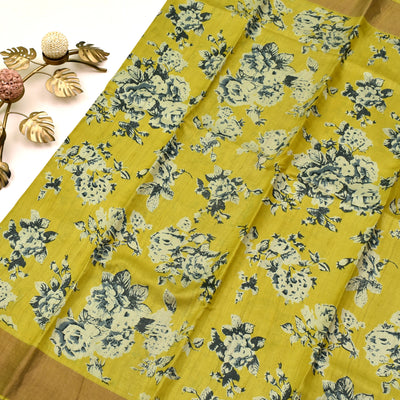 Yellow Tussar Silk Saree with floral printed design