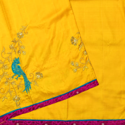 mustard-kanchi-silk-saree-with-turquoise-kanchi-silk-peacock-applique-design-with-floral-embroidery-design-and-rose-banarasi-silk-border-with-blouse