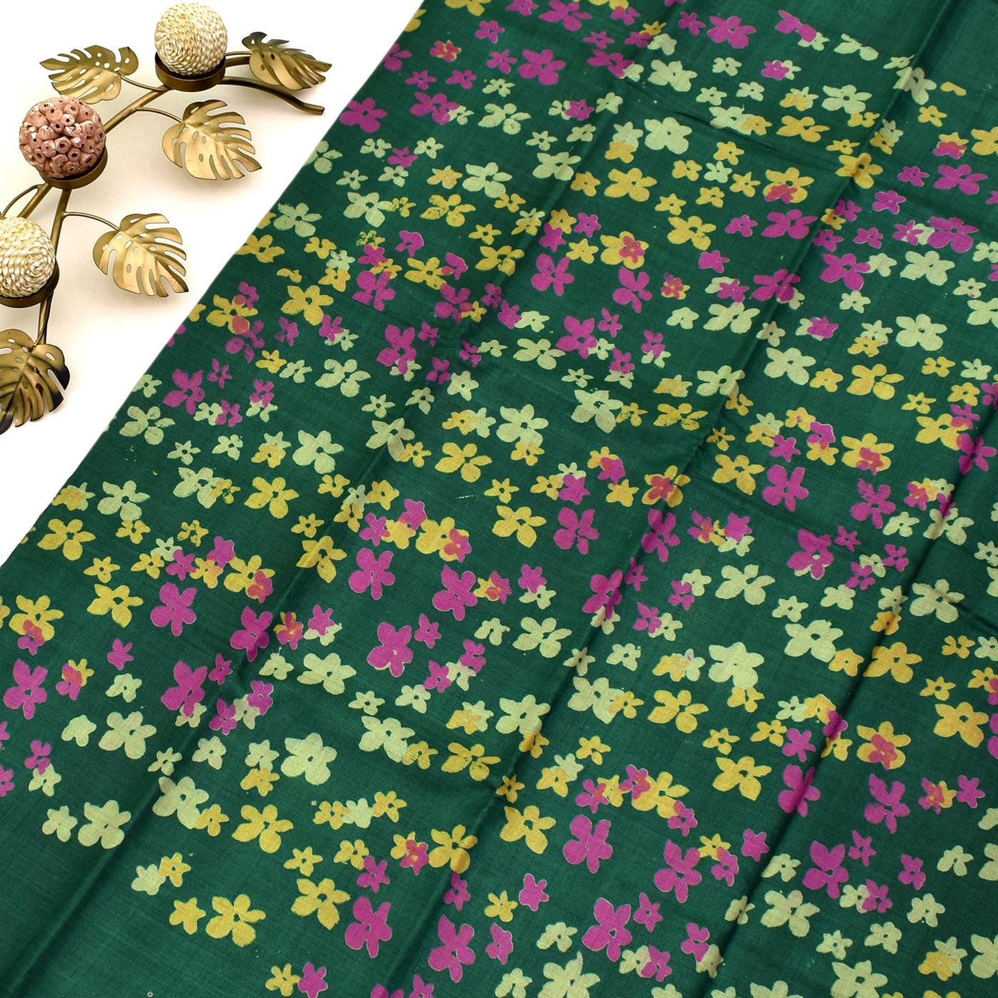 Dark Green Tussar Silk Saree with floral print design