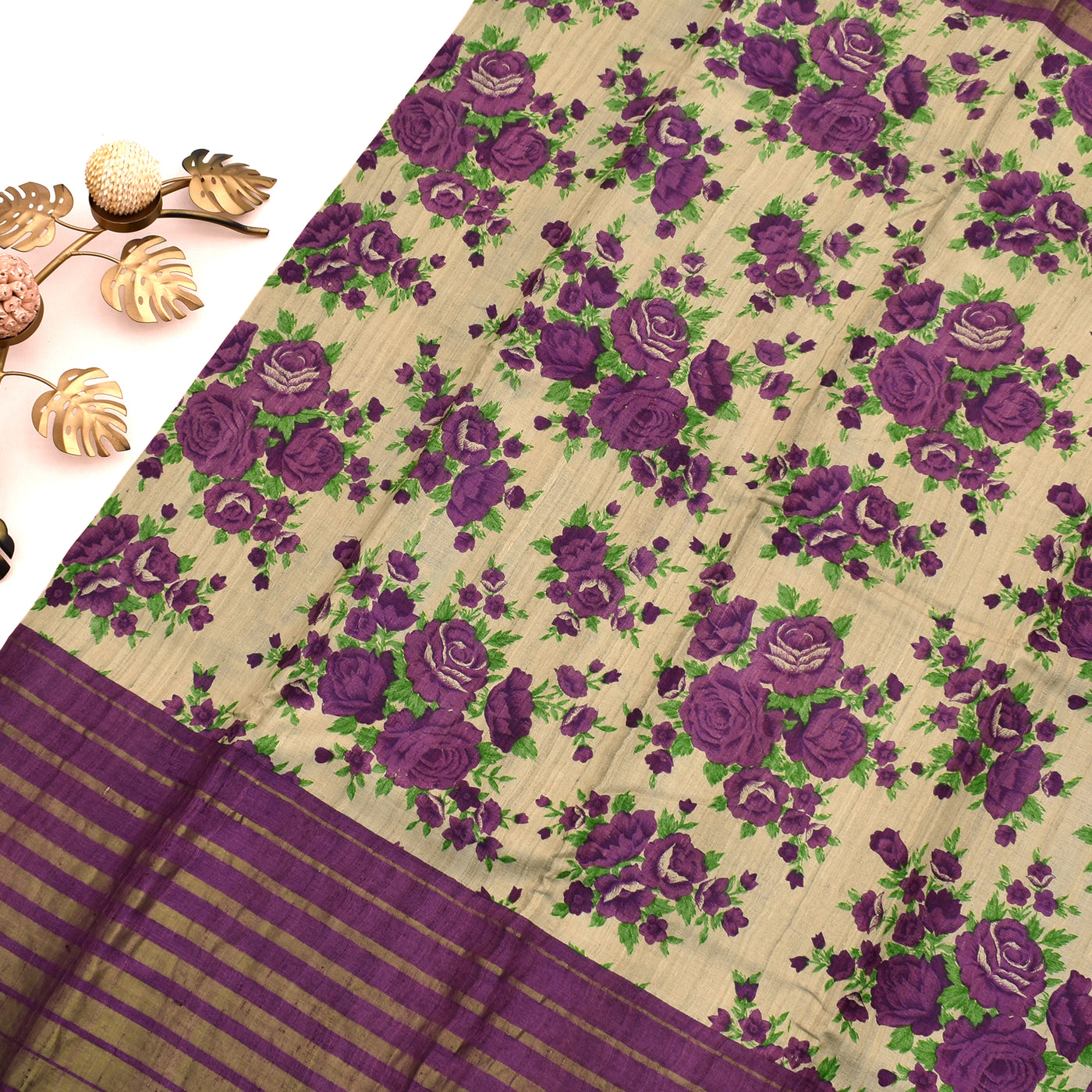Off White Tussar Silk Saree with Floral Print Design