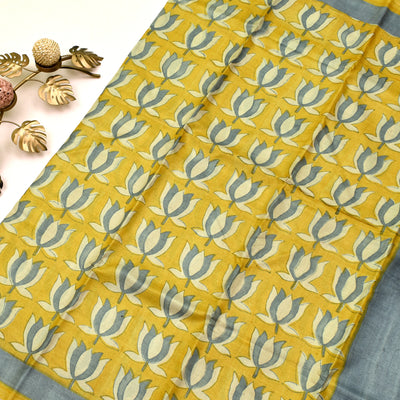 Mustard Tussar Silk Saree with lotus design