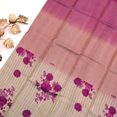 Off White and Magenta Tussar Silk Saree with Floral Printed Design