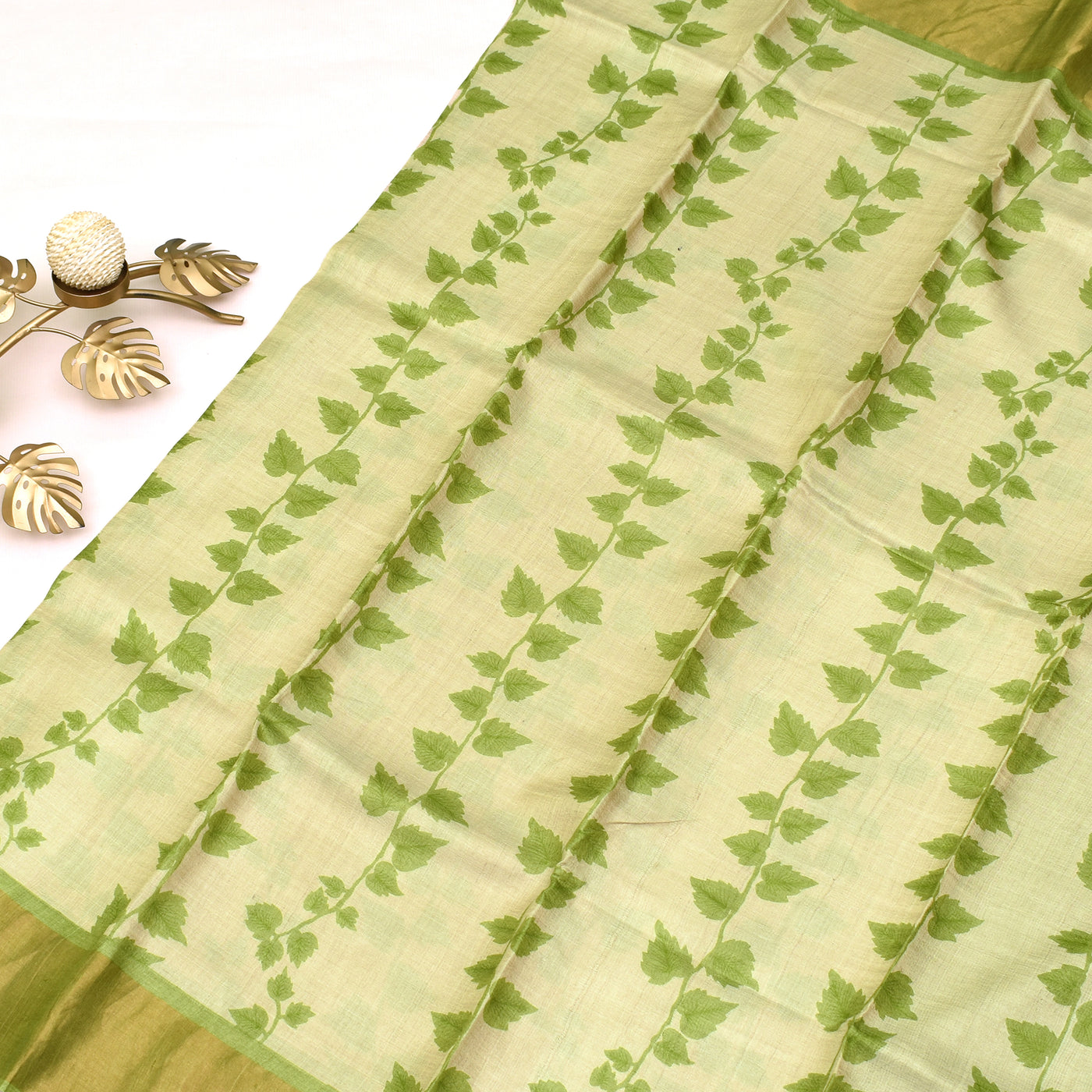 Off White Tussar Printed Saree with Green Leaf creeper design
