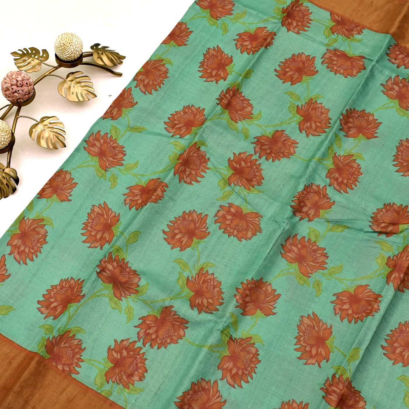 Apple Green Tussar Printed Saree with floral design