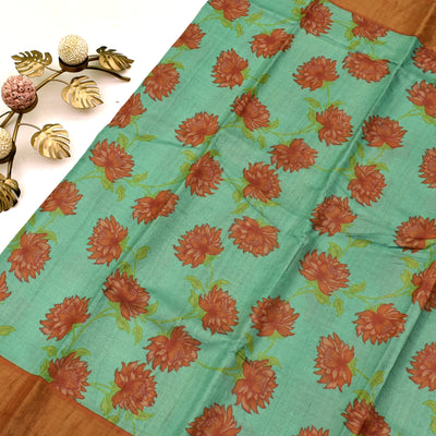 Apple Green Tussar Printed Saree with floral design