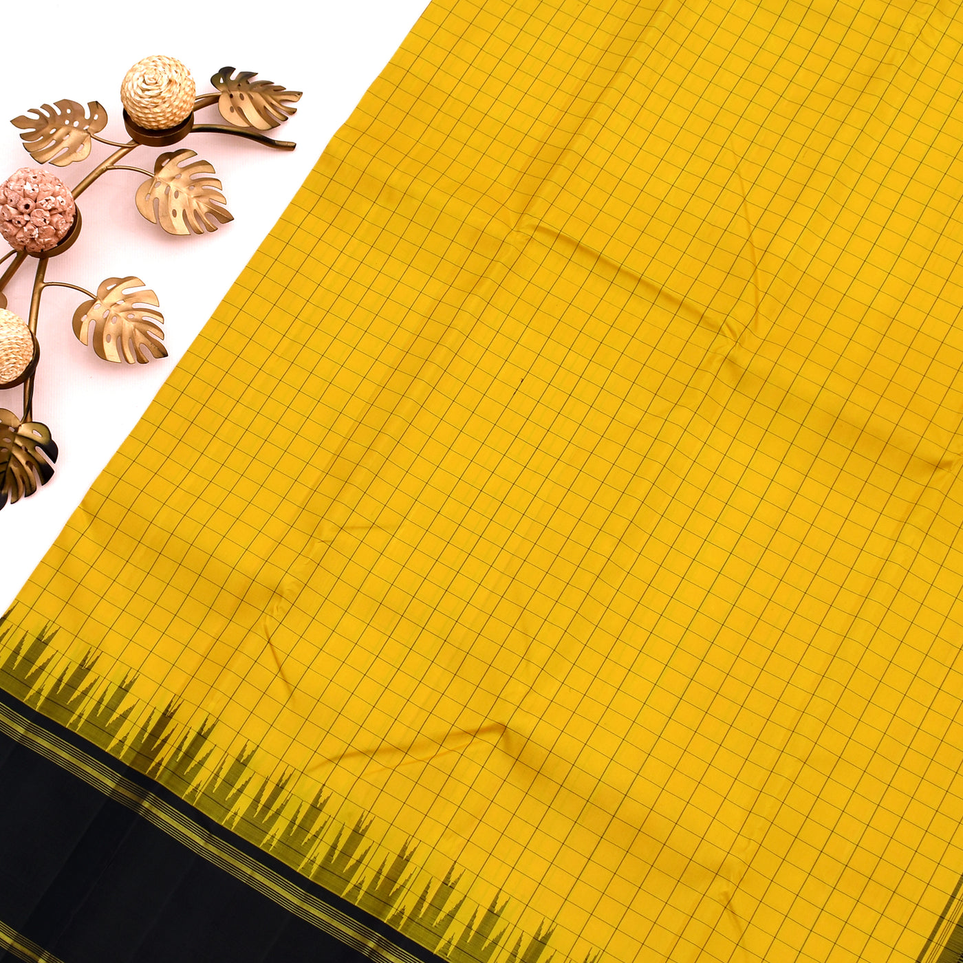 Oil Mustard Kanchipuram Silk Saree with Medium Checks Design