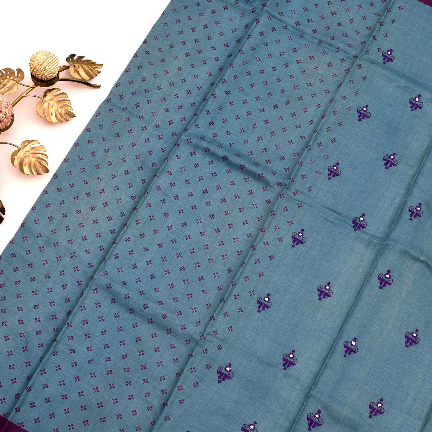 Blue Tussar Silk Saree with Kantha Work Design