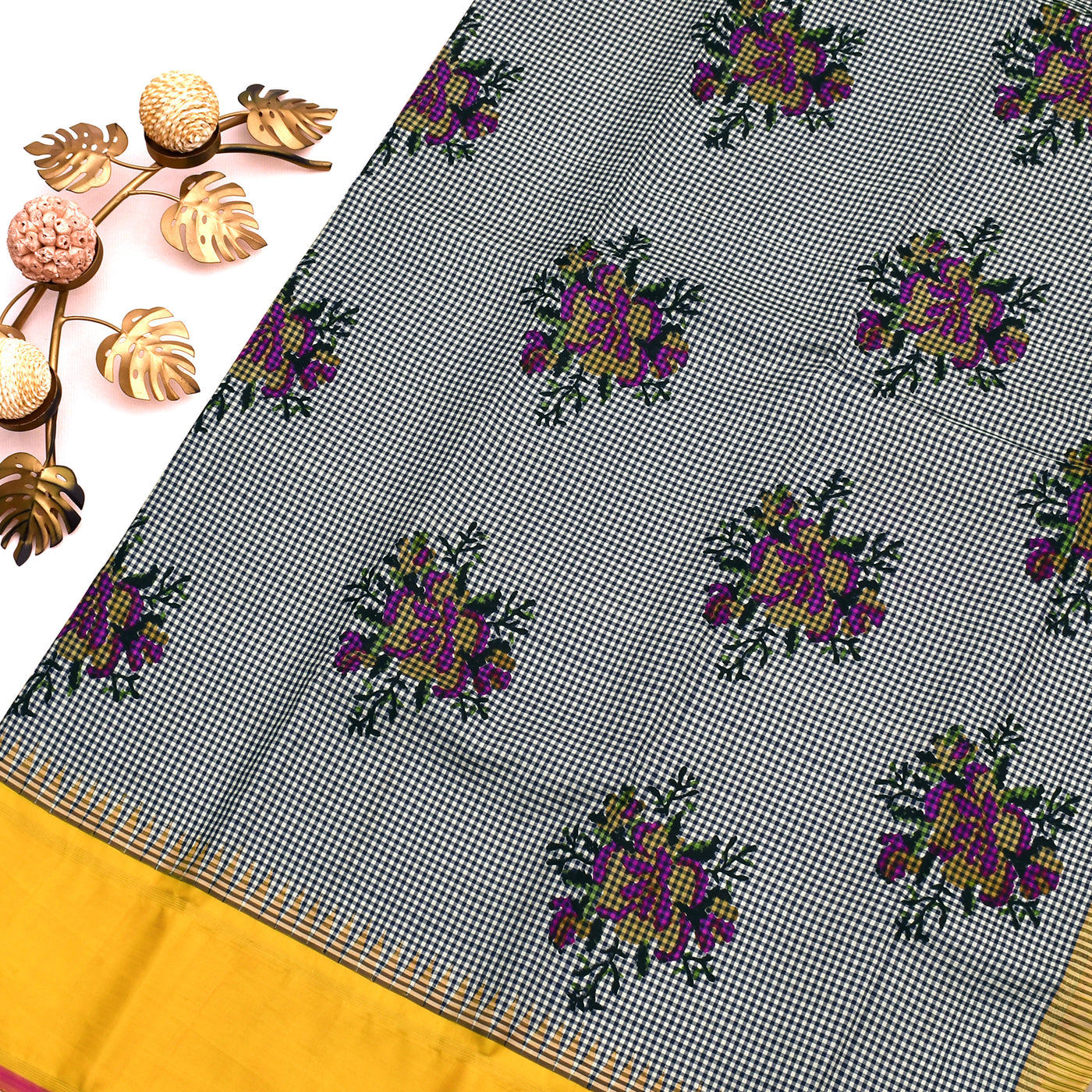 Off White Printed Kanchi Silk Saree with Small Checked Design