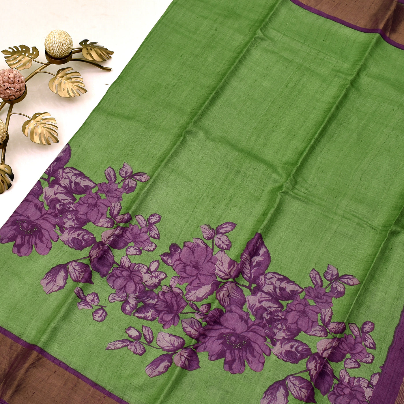 Apple Green Tussar Printed Saree with Magenta floral design