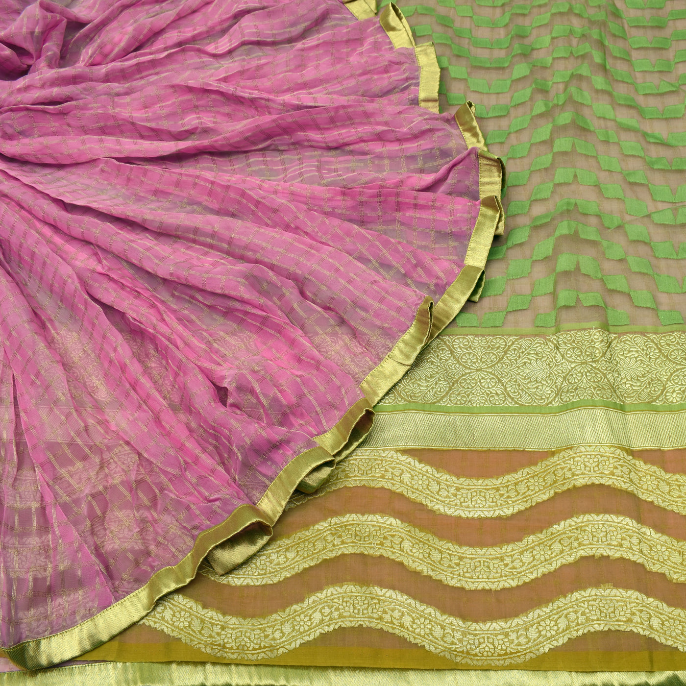 Apple Green with Pink Georgette Frill Saree